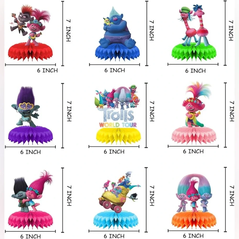 Set of 9 Trolls World Tour Honeycombs Birthday party decorations New